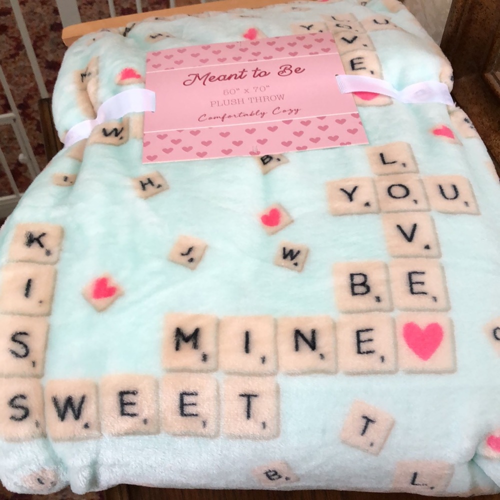 New plush throw.  Soft and cozy.  50x70 inches.  Crossword love word design. 💖